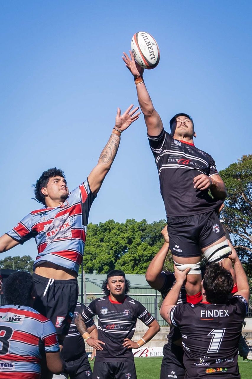 Two jumpers compete for the ball in a lineout under a blue sky
